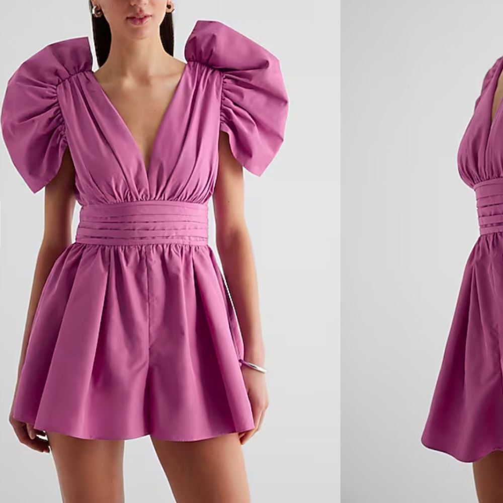 Espress V-Neck Puff Sleeve Pleated Romper size 0  Brand new with tags. N…